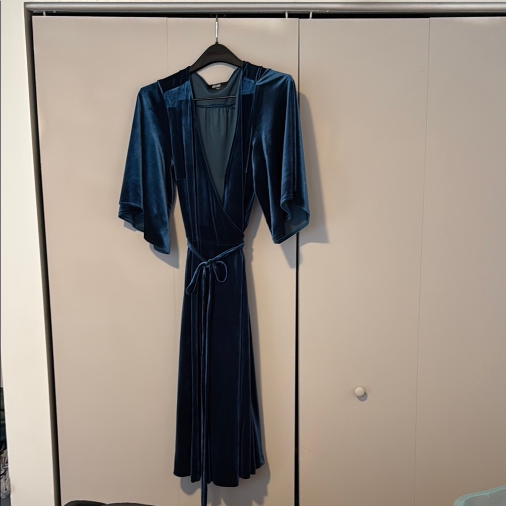 eShakti Teal Blue Velvet Flutter Sleeve Stretch Wrap Dress